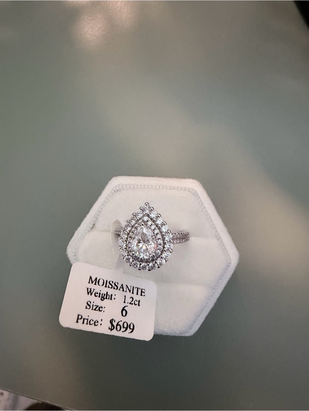 Moissanite Pear Halo Ring in Silver Tone - Size 6